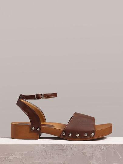 Styleloop Sandalias de tacón alto con punta abierta y correa de tobillo para mujer, zapatos de tacón grueso de PU para exteriores/transporte, color marrón, para atuendo de festival de música occidental bohemio y de fiesta