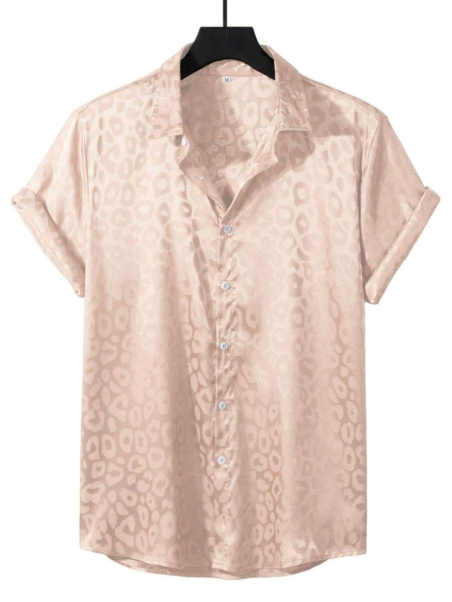 Manfinity Homme 男士休闲纯色豹纹提花短袖衬衫,夏季 - 香檳色 - 查看 1