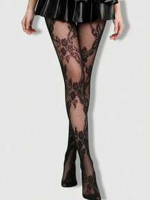 ROMWE Goth Medias de red sexy con diseño calado y alta elasticidad con estampado floral, adecuadas para el uso diario de las mujeres - Blanco y Negro - Ver 2