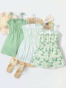 SHEIN Genkimix Kids 3件套少女休闲度假可爱碎花条纹纯色连体衣，适合多子女家庭、海滩度假、户外玩耍、上学等场合。 - 綠色 - 查看 2