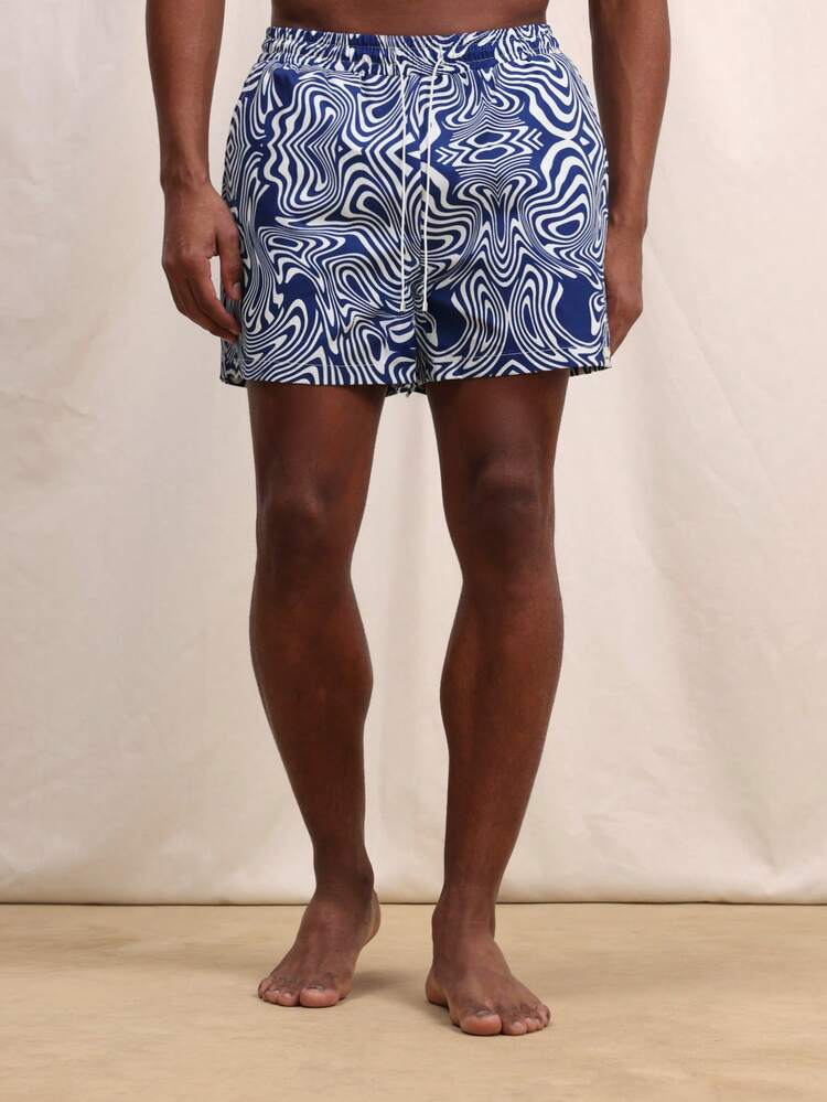 SUMWON Men's Blue Abstract Swirl Pattern Beach Shorts With Drawstring Waist Summer Vacation Swimming Trunks Quick Dry Casual Swimwear