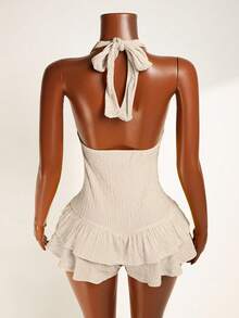 Mistrie Lace-Up Ruffle Hem Solid Color Halter Twist Front Jumpsuit - Apricot - View 2