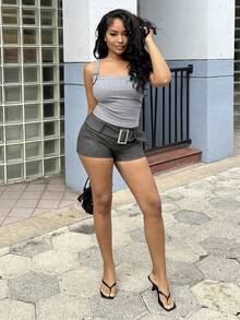 Alexandranx 女士春夏新款扎染水洗PU迷你短裤，配腰带，复古做旧风格，适合夏季街头音乐节、锐舞派对、乡村音乐会、西部风情夏季下装，波西米亚风 - 深灰色 - 查看 4