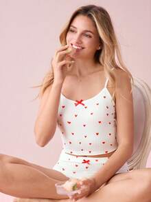SHEIN Heart Print Bow Front PJ Set / Pajama Set White Set - White - View 3
