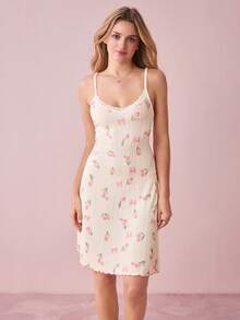 Bonmuse Tulip Print Lace Patchwork Sexy Backless Women's Jacquard Nightgown - Beige - View 5