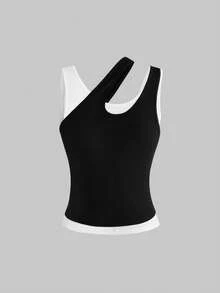 ROMWE Avant Bộ 2 áo tank top thiết kế tối giản tương phản - Đen và trắng - Xem 2