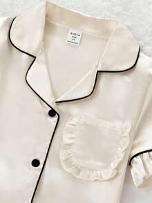2件套女童纯色荷叶边短袖上衣和裤子家居服套装，春夏款 - 香檳色 - 查看 4