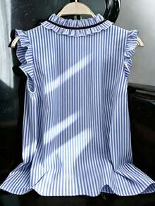 EMERY ROSE Plus Size Women's Striped Ruffled Sleeve Blouse With Elegant Bow Collar For Daily Work And Casual Wear - Blue - View 2