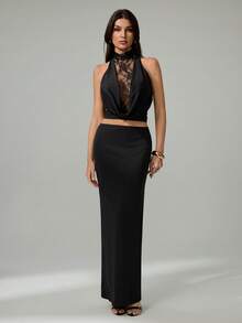 SHEIN Tall Women's Elegant Black Summer Lace High-Neck See-Through Back Vest & Knit Fishtail Skirt Set,Suitable For Dining,Parties,Weddings,Evening Outings, Tall Women - Black - View 4