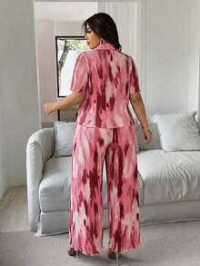 Vionelle 大码女式扎染单排扣短袖上衣和阔腿裤休闲两件套，最新款女式度假装，女士夏季休闲套装，长款休闲连衣裙 - 粉色 - 查看 2