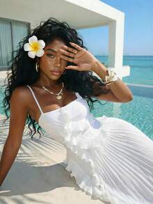 Slaydiva New Early Spring, Spring And Summer Music Festival, Valentine's Day, Easter, Bohemian Style, Nomadic Style, Casual And Simple Basic Style, Cruise Party, Birthday Party, Daily Date, Casual Vacation, Elegant Commuting, Halter, Strapless, Pleated Ruffles, Side High Slit To Thigh Pleated Skirt, White Dress, Long Dress For Women -A - White - View 7