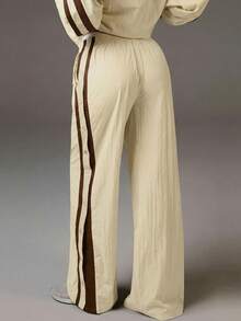 Women's Casual Sports Elastic Waist Striped Side Seam Pants - Light Yellow - View 3