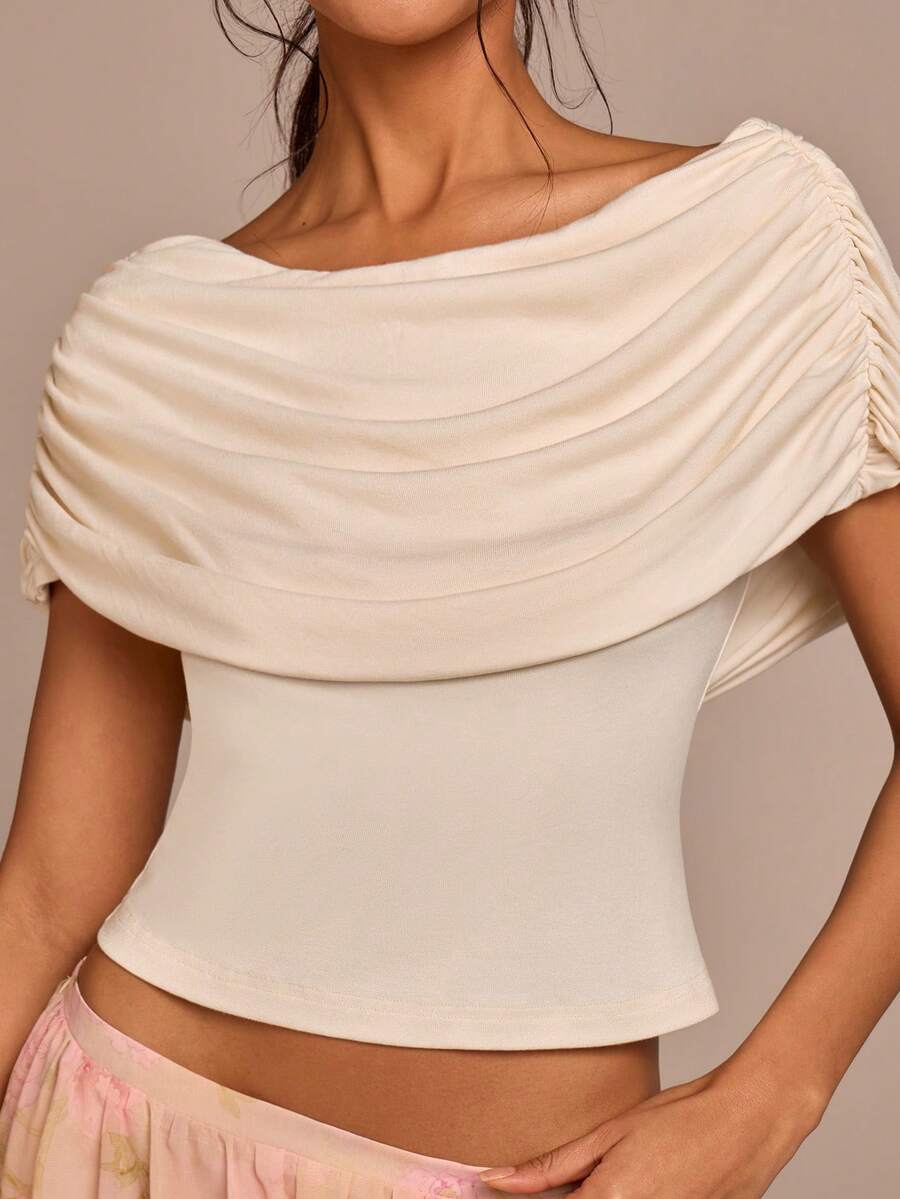 COSMINA Women's Elegant Sexy Daily Draped Neck Short Sleeve Top, White Blouse, Soft Knit Fabric, Slim Fit, Romantic Graceful Golf - Beige - View 1