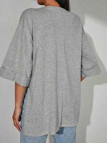 Camiseta de algodón liso con bajo dividido y hombros caídos - Gris Claro - Ver 2