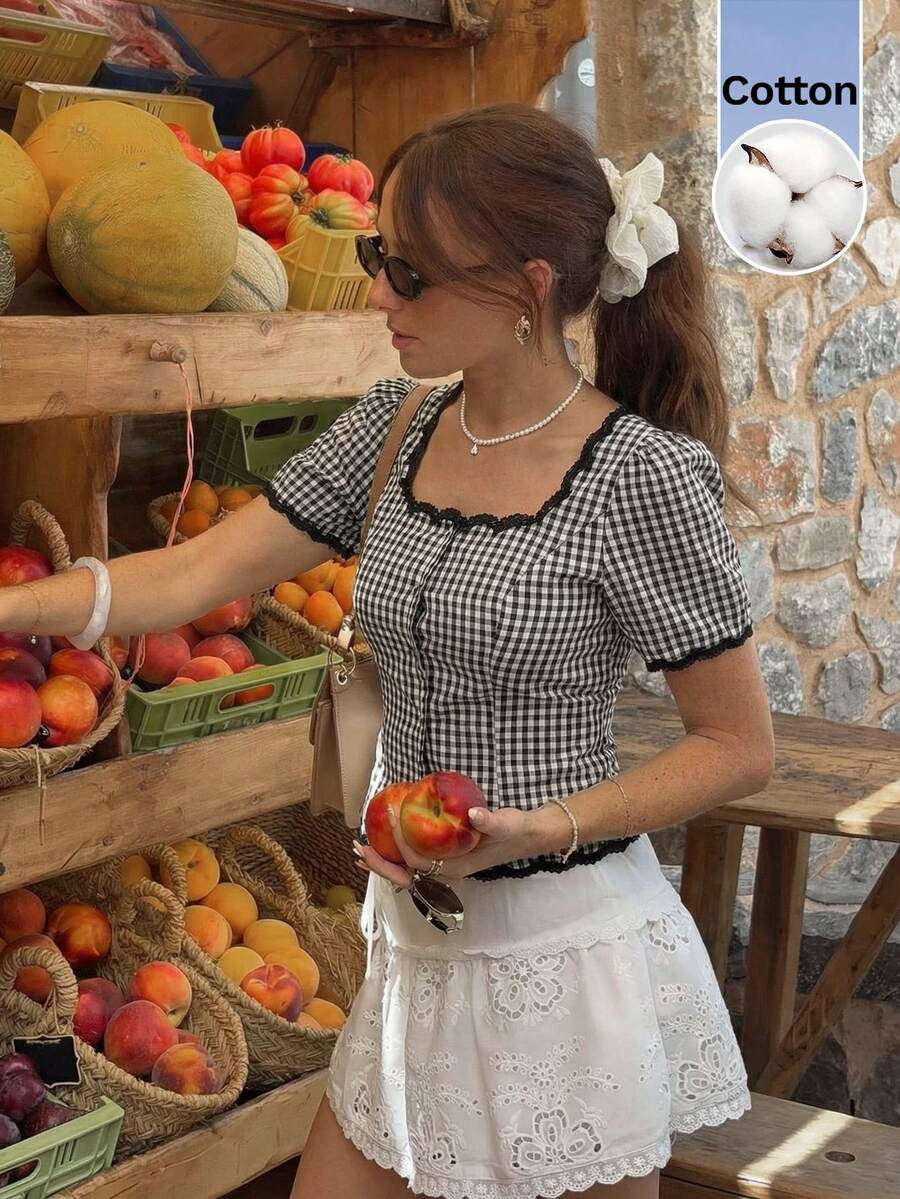 Serisse 女士休闲格纹饰边前开襟短袖衬衫，夏季款 - 黑與白 - 查看 1