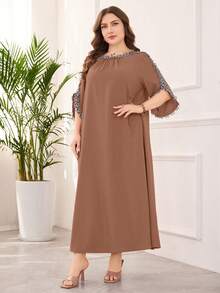 Lacomfia Plus Size Women Elegant Floral Applique Decor Loose Fit Short Sleeve Dress - Dusty Pink - View 3