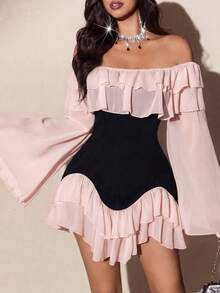 Elenzga Đầm mini dáng xòe dài tay, ôm sát, chất liệu chiffon mềm mại, thanh lịch, lãng mạn, phối đen trắng dành cho nữ cỡ lớn, thích hợp cho mùa xuân/thu. - Nhiều màu - Xem 5
