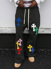 PAVTROS Men's Drawstring Waist Cross Embroidery Casual Sweatpants - Black - View 6