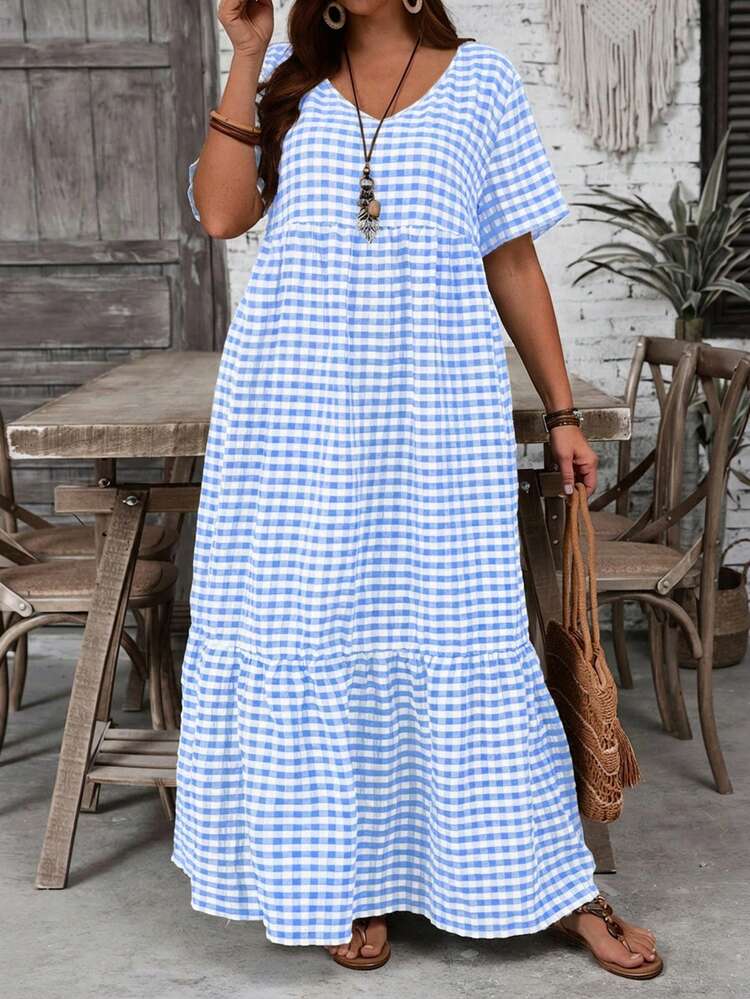 Plus Size Women's Gingham V-Neck Short Sleeve Ruffle Hem Casual Summer Dress, Simple And Fashion Style, Suitable For Summer,Casual Holiday Style, Casual Holiday Outfits, Summer Fashion, Women's Summer Outfits, Mother's Day Outfits, Country Concert Outfits, Women's Boho Outfits, Women's Western Outfits, Women's Holiday Outfits, Women Summer Clothing Women Plus Clothing Business Casual Woman S Summer Clothes Women Plus Clothing Formal