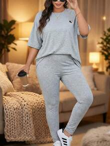 SHEIN LUNE 优雅女士两件套秋季女装大码女装黑白条纹露肩T恤和打底裤休闲套装女装两件套机场女装套装黑色两件套旅行装机场得体 - 灰色 - 查看 9