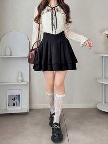 FRIFUL 女士V腰泡泡层叠短款纯色迷你裙 - 黑色 - 查看 5