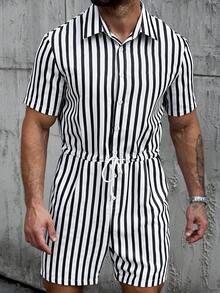 Manfinity CasualCool 男士条纹短袖单排扣抽绳衬衫配短裤 - 彩色 - 查看 6