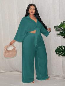 Slaydiva Bộ đồ mùa hè dành cho nữ cỡ lớn, kiểu dáng thường ngày, gợi cảm, tối giản, gồm áo tay lỡ thắt nơ và quần ống đứng. - Màu xanh lam - Xem 4