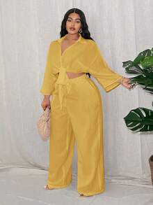 Slaydiva Bộ đồ mùa hè dành cho nữ cỡ lớn, kiểu dáng thường ngày, gợi cảm, tối giản, gồm áo tay lỡ thắt nơ và quần ống đứng. - Màu vàng - Xem 5