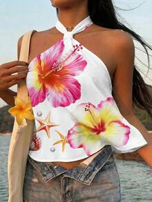 SHEIN EZwear 粉色芙蓉花与贝壳海星印花女士吊带上衣 - 休闲简约度假风，适合春夏海滩、邮轮、波西米亚风、西部风情音乐节、海岛风、复古海滨、浪漫假期、春假、可爱居家服、柔美少女/清新少女风、音乐节、演唱会、婚礼宾客、城市旅行及优雅假日装扮。 - 彩色 - 查看 6