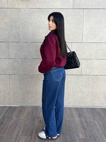 Hitanina 女士宽松半拉链字母印花卫衣，带保暖内衬 - 酒紅色 - 查看 2