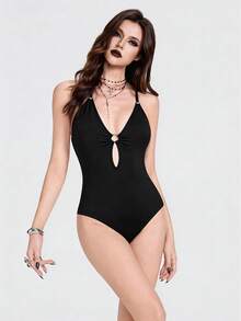 Breakform Women's Gothic Style Sexy Halter Strap With Decorative Ring And Hollow Water Drop Bodysuit, Black Knitted Fabric Bodysuit Bodysuits For Ladies One Piece Bodysuit Halter Bodysuit Deep V Bodysuit Zestiva Swimsuit Zip Up Bodysuit Pin Down Bodysuit - Black - View 5