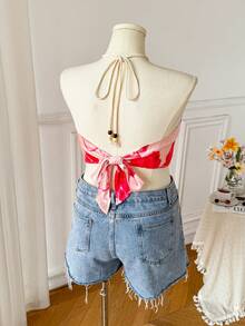 Comfortcana Áo camisole cỡ lớn in họa tiết tranh sơn dầu lãng mạn, cổ lệch xếp ly, không tay, thích hợp cho mùa xuân. - Hồng - Xem 2