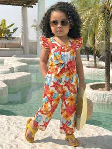 SHEIN 女婴碎花V领荷叶边休闲连体衣 - 藍白色 - 查看 1