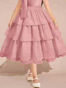 SHEIN Tween Girls' Summer Versatile Pink Ruffle Elastic Waist Skater Skirt - Baby Pink - View 1