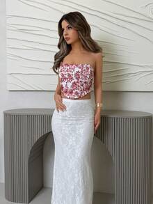 Jemour Áo Bandeau họa tiết hoa nhuộm loang màu nước đỏ trắng dành cho nữ, chất liệu vải thun co giãn, đường viền xương cá, trang trí đa năng, mùa cưới, bãi biển, lễ hội miền Tây, mùa hè, phong cách Boho - Đỏ và trắng - Xem 5