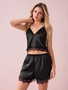 Bonmuse 蕾丝边缎面吊带背心和短裤睡衣套装/睡衣套装 - 黑色 - 查看 3