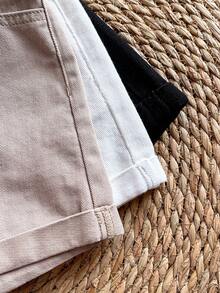 SHEIN Bộ 3 chiếc quần short denim màu kaki, đen, trắng dành cho bé gái tuổi teen. - Nhiều màu - Xem 4