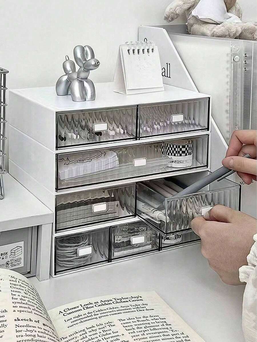 1个奢华ins风桌面收纳盒，办公桌/书桌整理抽屉，透明可堆叠隔层收纳盒 - 白色 - 查看 1