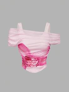 SHEIN MOD Áo thun lệch vai in hoa màu hồng – Phong cách lãng mạn, mơ mộng, thích hợp cho hẹn hò, dự tiệc, trang phục mùa hè và mùa xuân cho nữ, kỳ nghỉ xuân, du lịch, dã ngoại, lễ hội, sinh nhật. - Hồng - Xem 5
