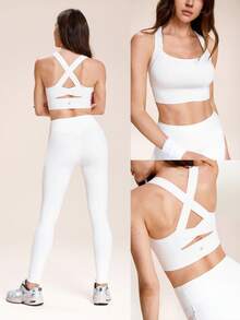 GLOWMODE DD+ FeatherFit™-Sculpt Support & Shine Buttery-Soft Non-See-Through Compressive Stretchy Crossback Design Removable Cups Cropped Tank Top Low Impact Yoga Pilates Studio Pilates Daily Active Wear - White - View 10