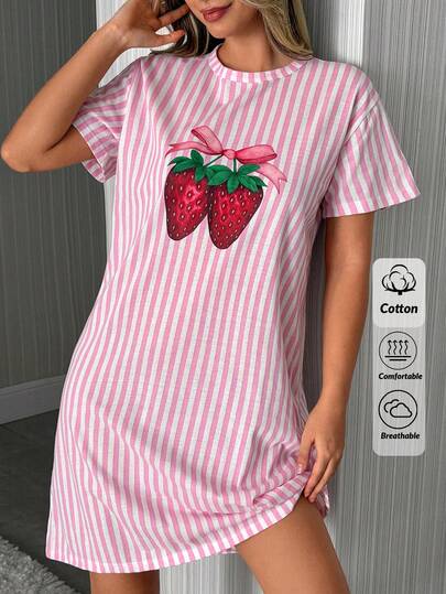 SHEIN Pink Striped With Bow&Strawberry Pattern Round Neck Short Sleeved Women Sleep Dress Homewear Comfort Casual Nightgown For Summer