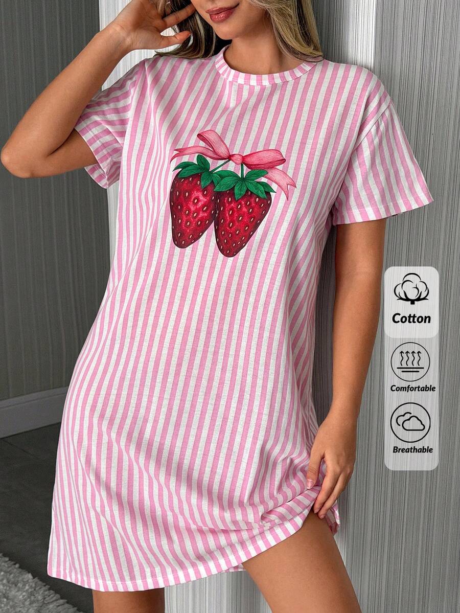 SHEIN 粉色条纹蝴蝶结草莓图案圆领短袖女士睡裙家居服舒适休闲夏季睡袍 - 粉色 - 查看 1