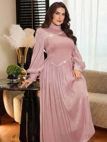 Modelyn Plus Size Women Fashionable Minimalist Elegant Waist Cinching Slim Fit Dress - Pink - View 5