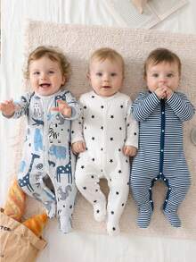 3pcs/Set Newborn Infant Romper Cute Cartoon Giraffe Zebra Striped Star Print Long Sleeve Footie Pajamas Baby Boys Girls Sleepwear Set - Multicolor - View 1