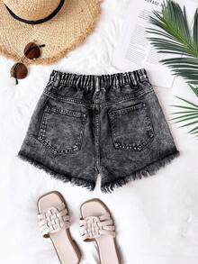 SHEIN 少女黑色破洞牛仔短裤 - 黑色 - 查看 2