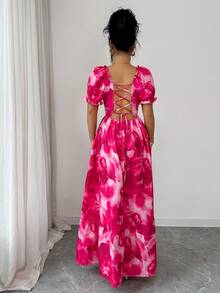 SHEIN Elenzya 女士优雅度假风扎染印花方领泡泡袖露背系腰连衣裙，紫红色 - 玫紅色 - 查看 2