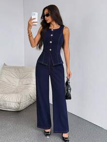 SHEIN PETITE 女款優雅海軍藍兩件套，辦公室單排扣背心與寬腿褲，秋季仿丹寧無袖荷葉邊上衣套裝，經典職場穿搭，適合嬌小女性 - 藏蓝色 - 查看 8