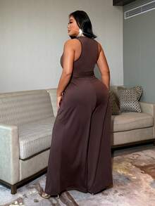NU&NOW Sexy Fitted V-Neck Tie Strap Tank Top And Wide Leg Pants Plus Size 2 Pieces Set Brown 2 Pieces Set Women Plus Size - Coffee Brown - View 2
