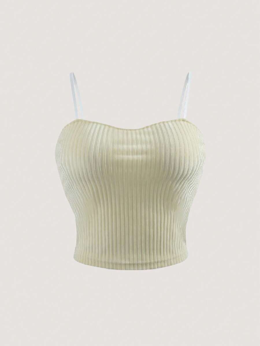 Chiquease 优雅时尚的质感面料亮面白色吊带背心，适合叠穿或单穿，女士，秋冬季 - 淡黃色 - 查看 1