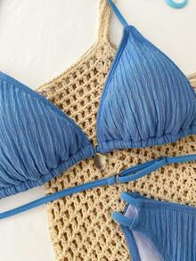 Bộ bikini hai dây tam giác hở lưng màu xanh dương trơn dành cho thiếu nữ, họa tiết vỏ sò, thích hợp mặc đi biển mùa hè. - Màu xanh lam - Xem 4